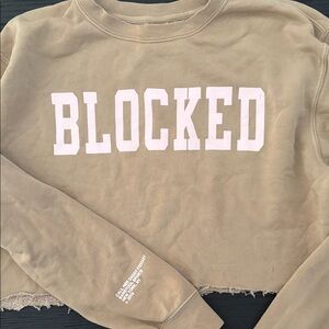 CALL HER DADDY Barstool Sports Tan Cropped  Sweatshirt with “Blocked” in Pink